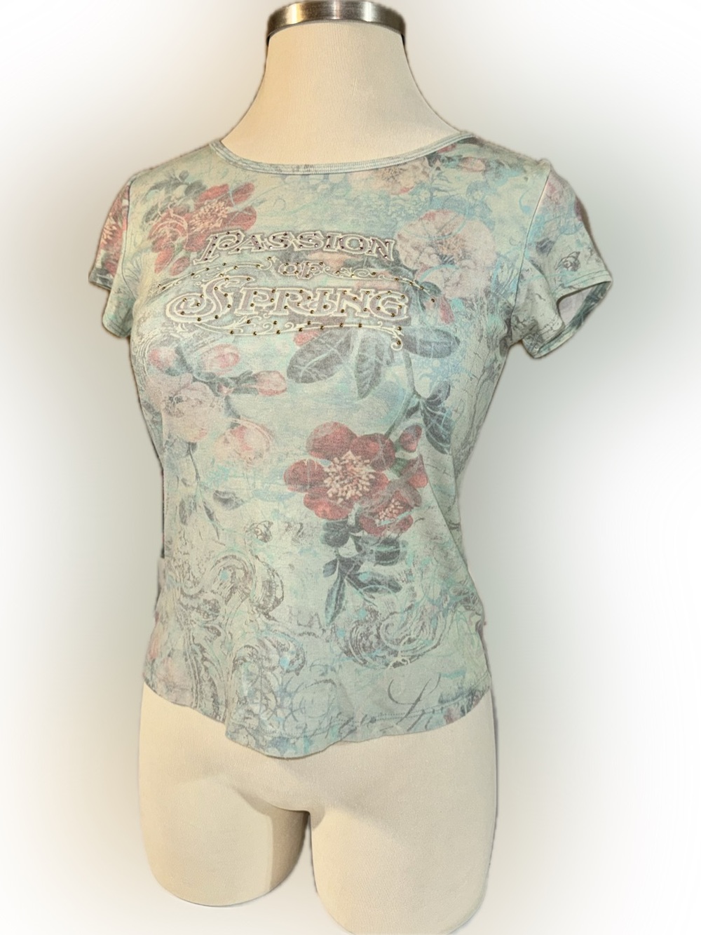 Suzie In The City “Passion of Spring” Floral Short Sleeve Scoop Neck Top size L